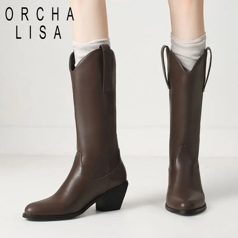 

ORCHA LISA 2025 Гламурные женские сапоги до середины икры с круглым носком 6,5 см, без шнуровки на блочном каблуке, большие размеры 41 42 43 Западная мода