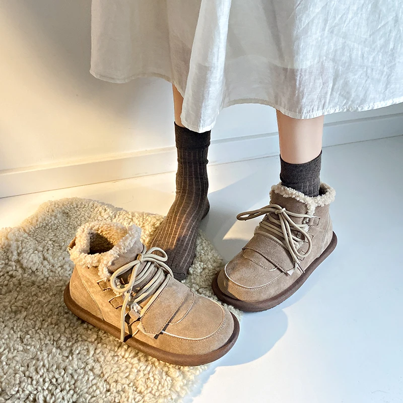 أحذية الثلوج الشتوية الجديدة لعام 2025، أحذية نسائية قصيرة من جلد الغنم، أحذية قطنية دافئة مبطنة بنعل سميك #2