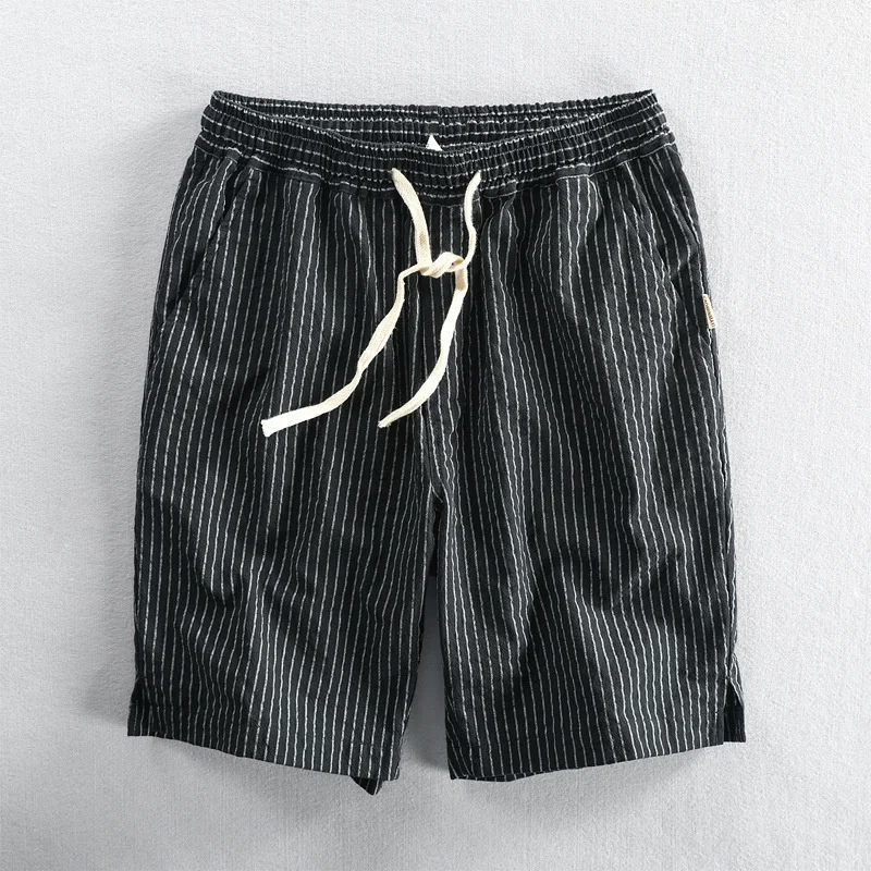Summer Men Cotton Beach Shorts Pants Breathable Comfortable Striped Loose Drawstring Cropped Hawaiian Youth Man Shorts Pants