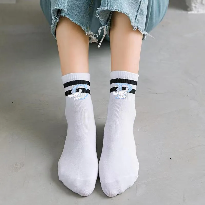 Kawaii Cinnamorolls A-Z 26 English Letters Socks Solid Color Women's Mid Length Socks Fashion Autumn Classic Black Anime Socks