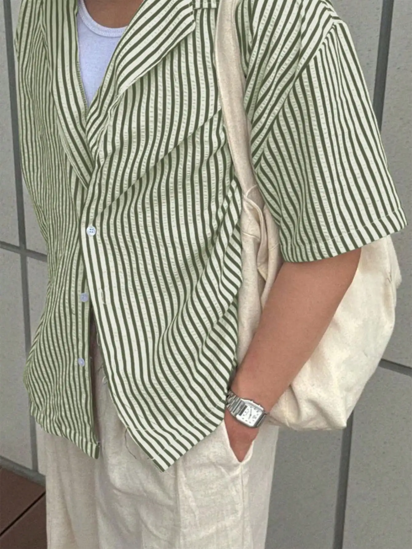 

Men's Casual Striped Short Sleeve Shirt in Olive Green and Cream