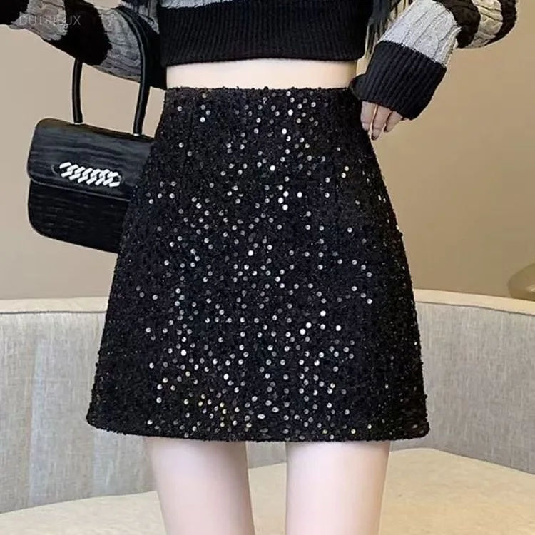 High Waist Slim Spicy Girl Wrapped Hip Short Black Sequins Skirts A-line Small Fragrant Thick Tweed Skirt Vintage Faldas