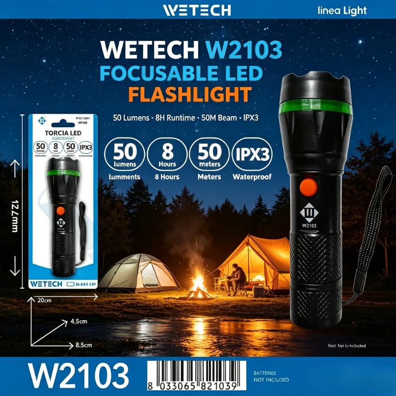 W2103 Torcia LED con zoom e messa a fuoco, 50LM, impermeabile IPX3, torcia portatile alimentata a batterie 3AAA, ideale per passeggiate notturne e campeggio.