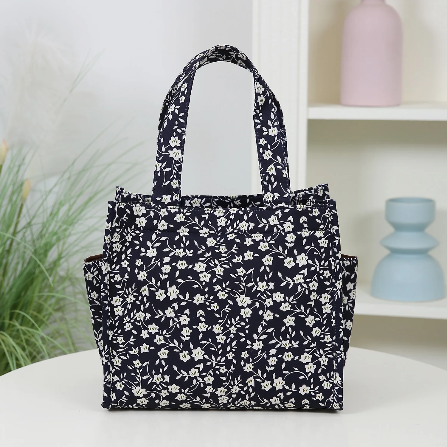 Neue Handtasche aus verdicktem Stoff mit Blumenmuster, Lunch-Tasche, tragbare Lunchbox-Aufbewahrungstasche, Reißverschluss-Design, multifunktionale Tragetasche – Detail 7