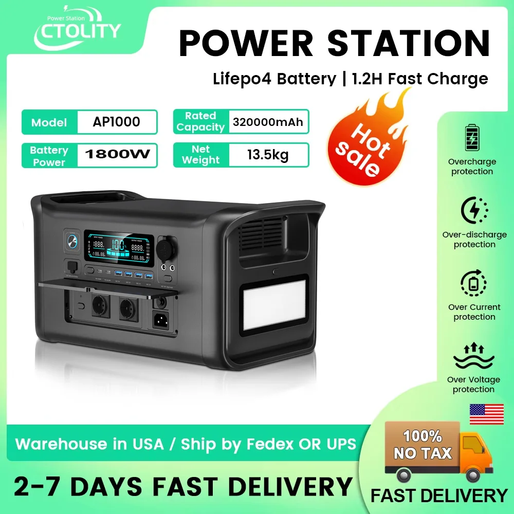 

CTOLITY AP1000 1600 Вт Портативная электростанция 1024 Втч Кемпинг Lifepo4 Батарея LiFePO4 для домашних палаток Открытый RV Кемпинг
