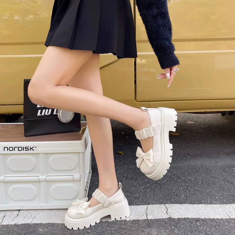 Chunky Platform High Heels Pumps Women Summer 2024 Leather Bow  Mary Jane Shoes Woman Thick Heeled Off White Black Lolita Shoes