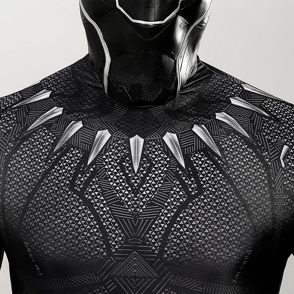 ภาพยนตร์สีดำซูเปอร์ฮีโร่ Lycra Panther คอสเพลย์ Jumpsuit 3D พิมพ์เครื่องแต่งกายวันฮาโลวีน Spandex Bodysuit Zentai หน้ากาก