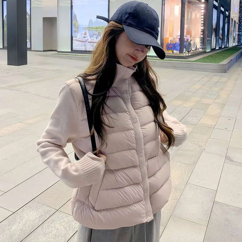 New Knit Long Sleeve Patchwork Cotton Jacket Women Elegant Button Stand Collar Short Parkas Versatile Warm Cotton-Padded Coat