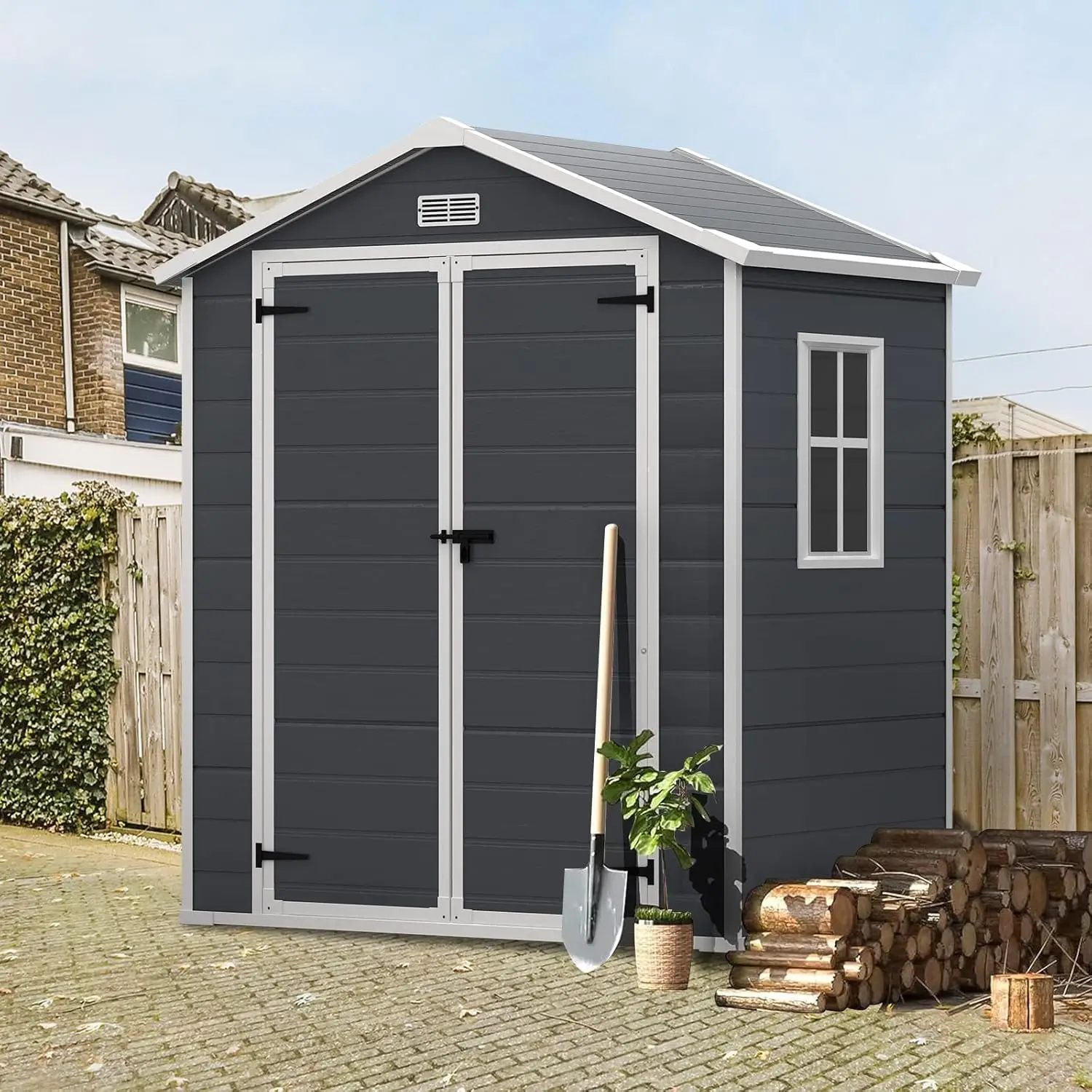 6x4.4FT Outdoor Resin Shed with Reinforced Floor, All-Weather Plastic Shed with Lockable Door, Window & Vents, Garden Tool Sheds