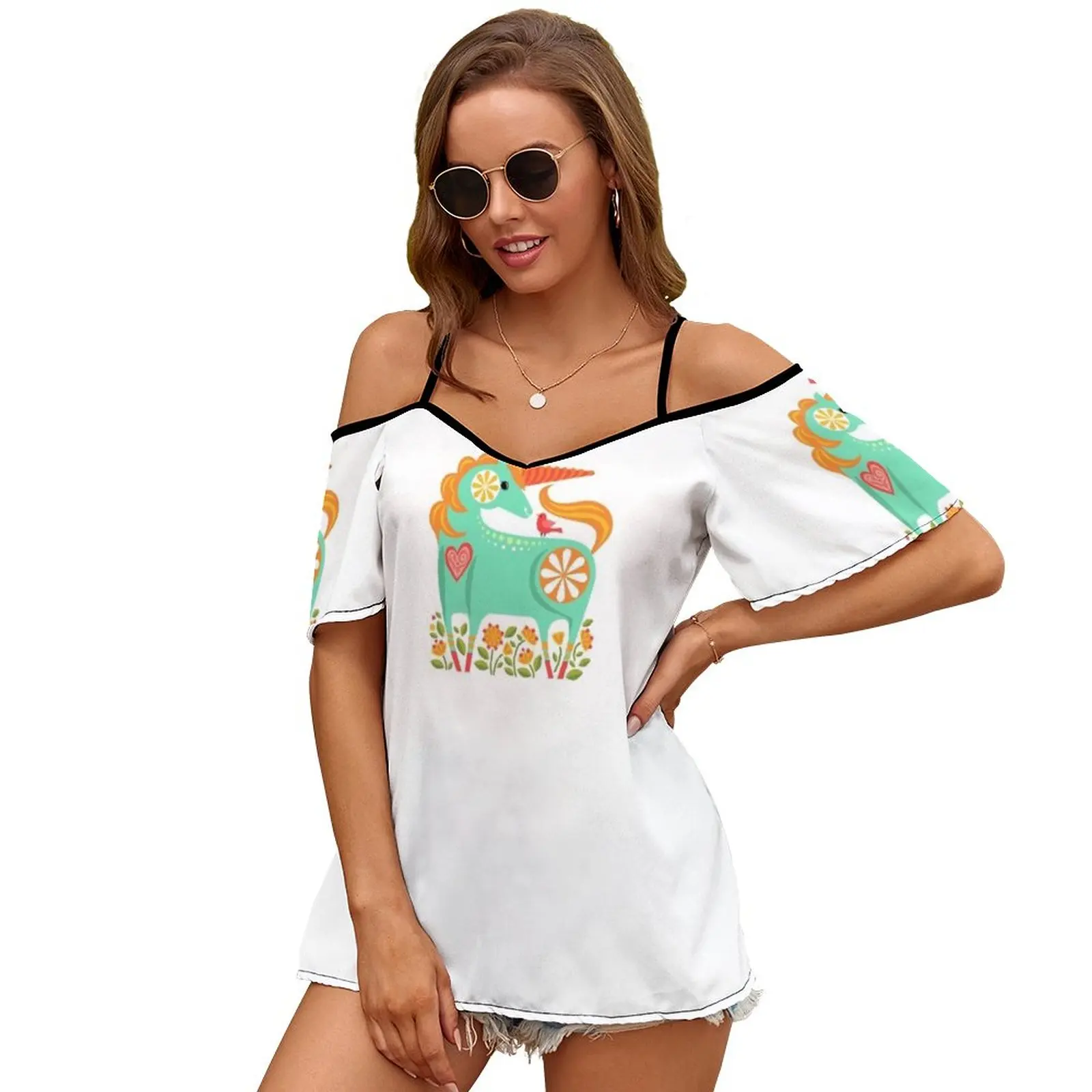 Happy Unicorn In Turquoise By Robin Pickens Sexy And Club Fashion Female T-Shirt Short Sleeve Off Shoulder Lady T Shirts