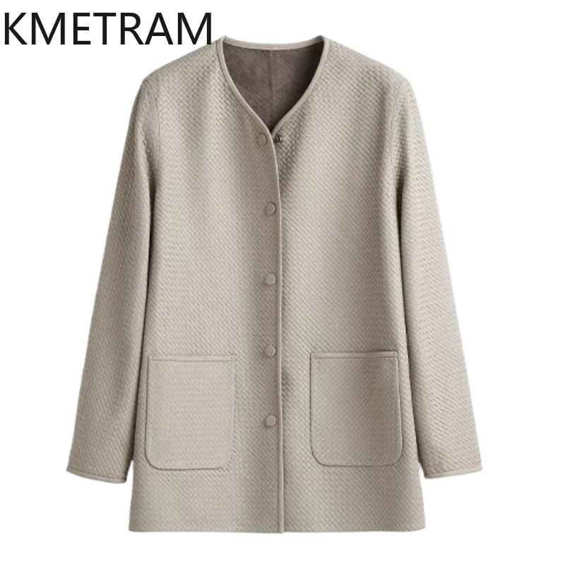 KMETRAM Super Soft Woven Goatskin Genuine Leather Jacket Woman Outerwear Mid Length Leather Coat Causal Jacket of Woman Fashion