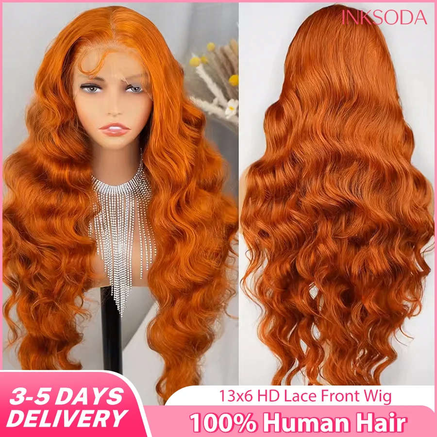 Orange Ingwer # 350 farbige HD 13x6 Lace-Front-Perücken aus Echthaar, Body Wave, Water Wave, brasilianische transparente Lace-Frontal-Perücke, 220% Dichte