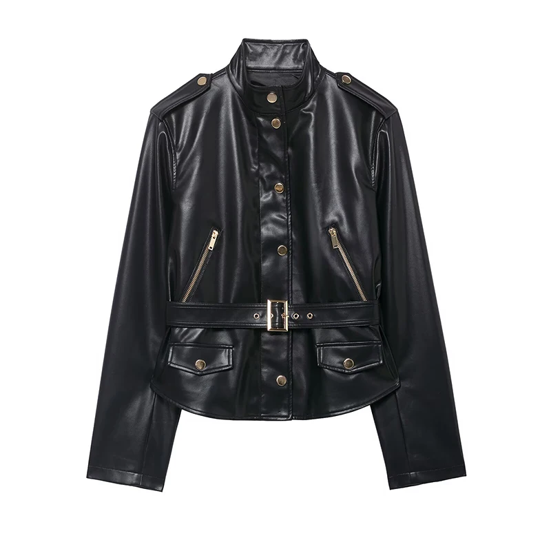 

Willshela Women Fashion With Belt PU Black Front Zipper Jackets Vintage O-Neck Long Sleeves Female Chic Lady Coats Outfits