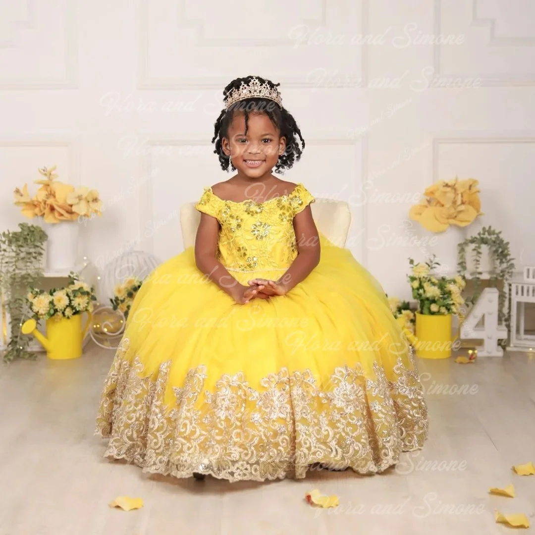 Customized Yellow Flower Girl Dress Tulle Fluffy Applique Floor-Length Kids Wedding Bridesmaid Birthday Party Ball Evening Gowns