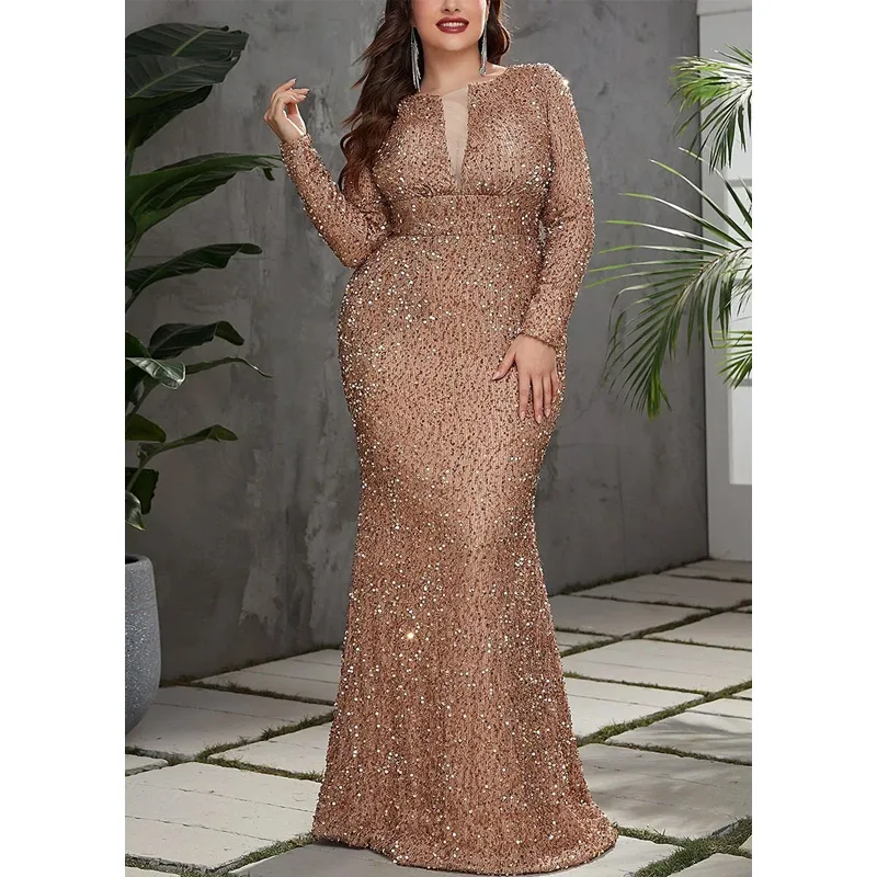 Vestido de noche largo hasta el suelo de lentejuelas champán de manga larga para mujer, vestido de graduación de sirena brillante de lujo, talla grande, 4xl, 5xl