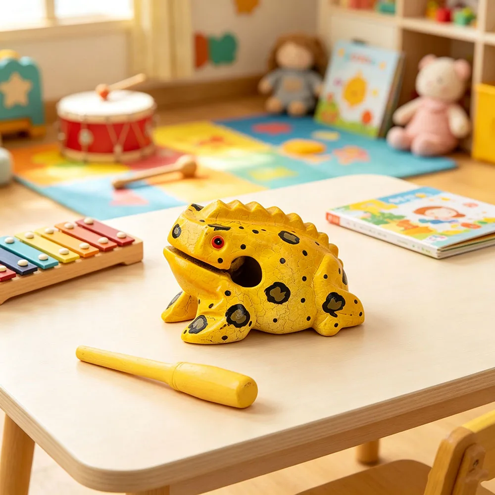 Cute Wooden Frog Percussion Toy Hand‑Painted Lucky Frog Craft Decoration Stress Relief Ornament for Desk Home