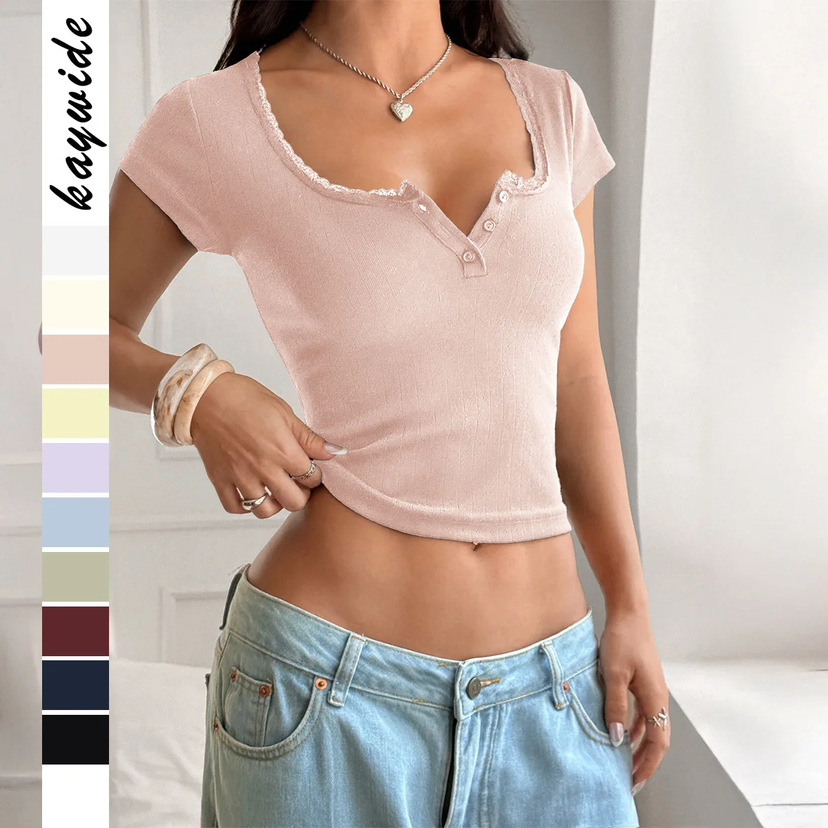 

Y2K Spice Girls Стильная кружевная футболка с короткими рукавами и пуговицами, женская одежда, весна-лето 2023 г.