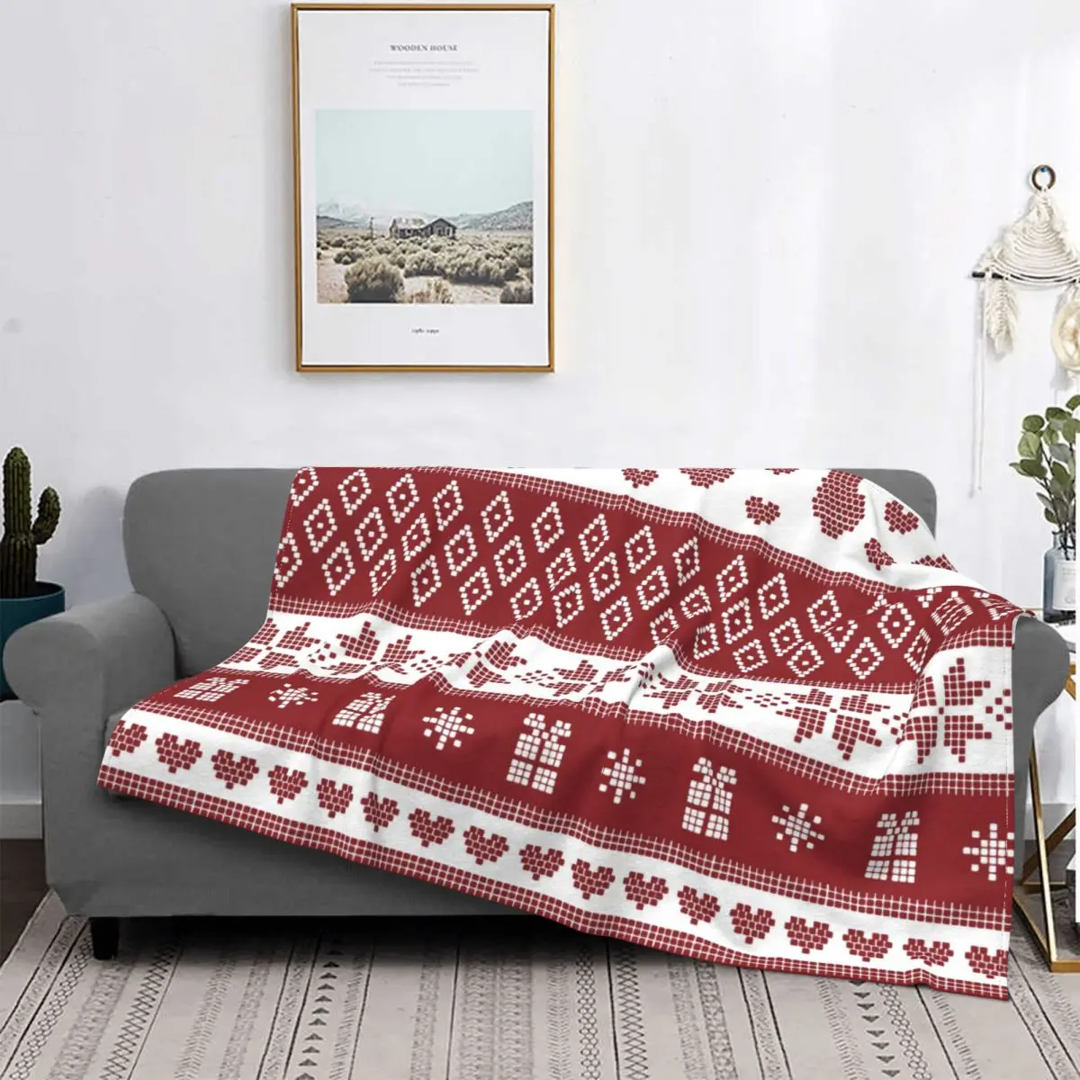 

Red Spring Autumn Nordic Snowflake Deer Christmas Pattern Flannel Blanket Four Seasons Holiday Thr