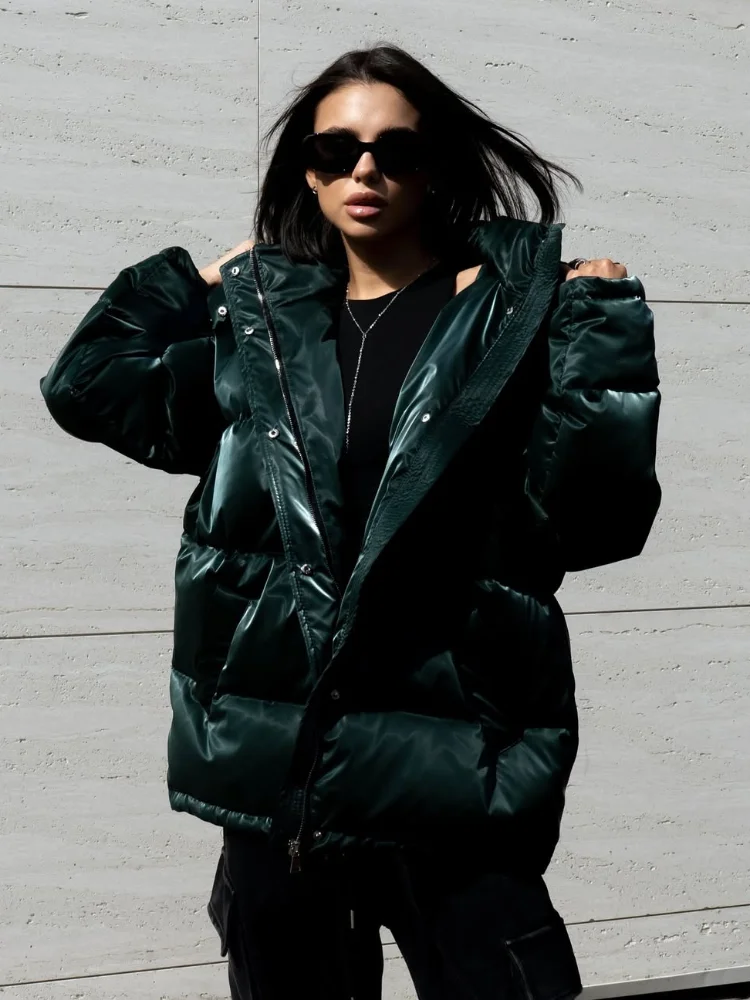 

Solid Color Glossy Hooded Cotton Jacket Women Fashion Long Sleeved Loose Collar Warm Short Jackets Lady Casual Commute Outwear