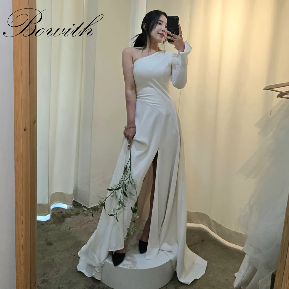 

Bowith One-Shoulder Long Sleeves Wedding Dresses Korea Photo Shoot Side High Slit A Line Sweep Train 웨딩드레스 Customized