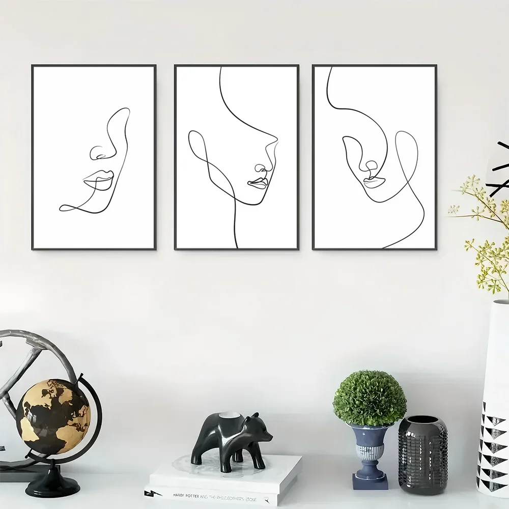 (No frame)Set of 3 Unframed Contemporary Wall Art, Abstract Face Paintings, Continuous Line Drawings, Black And White Simple