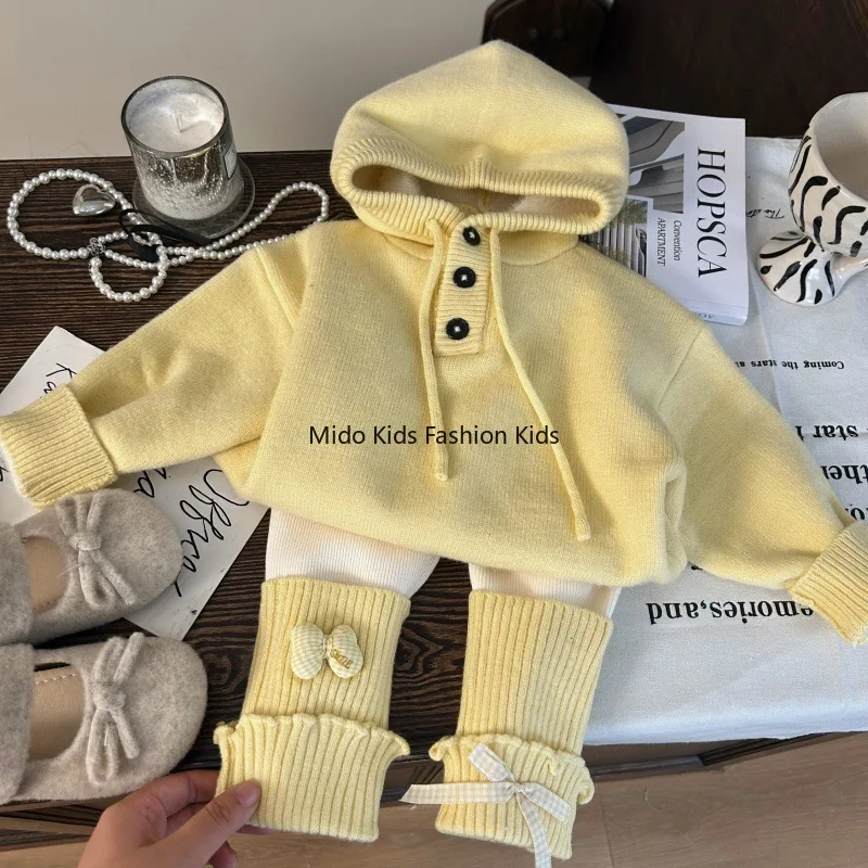 

Korean version children's clothing autumn winter girls hooded knitted jumper plus velvet pile socks bottoms two-piece set