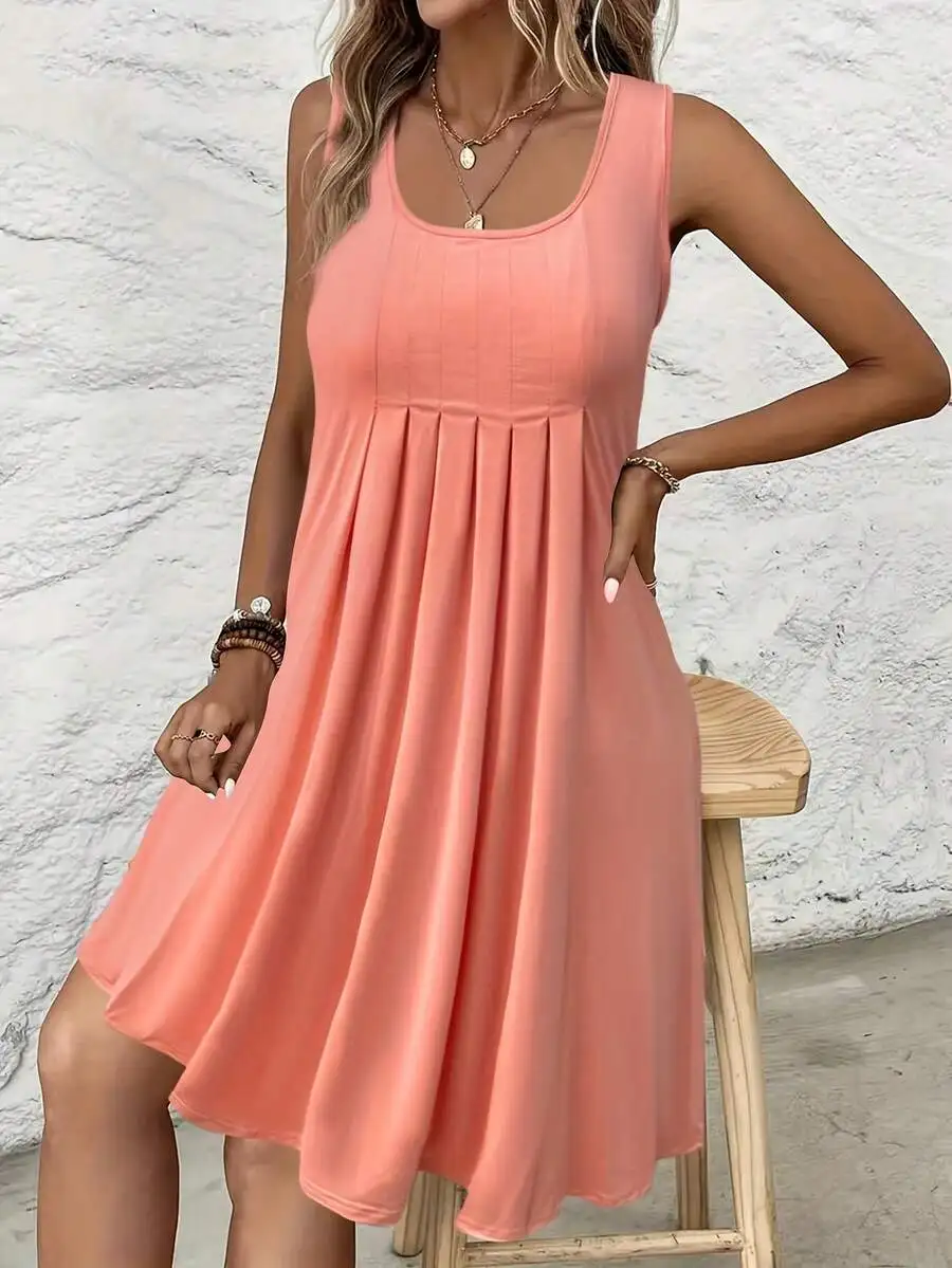 

Plus Size Women Summer Flowy Pleated Sleeveless Dress With Side Pockets Loose Fit Breathable