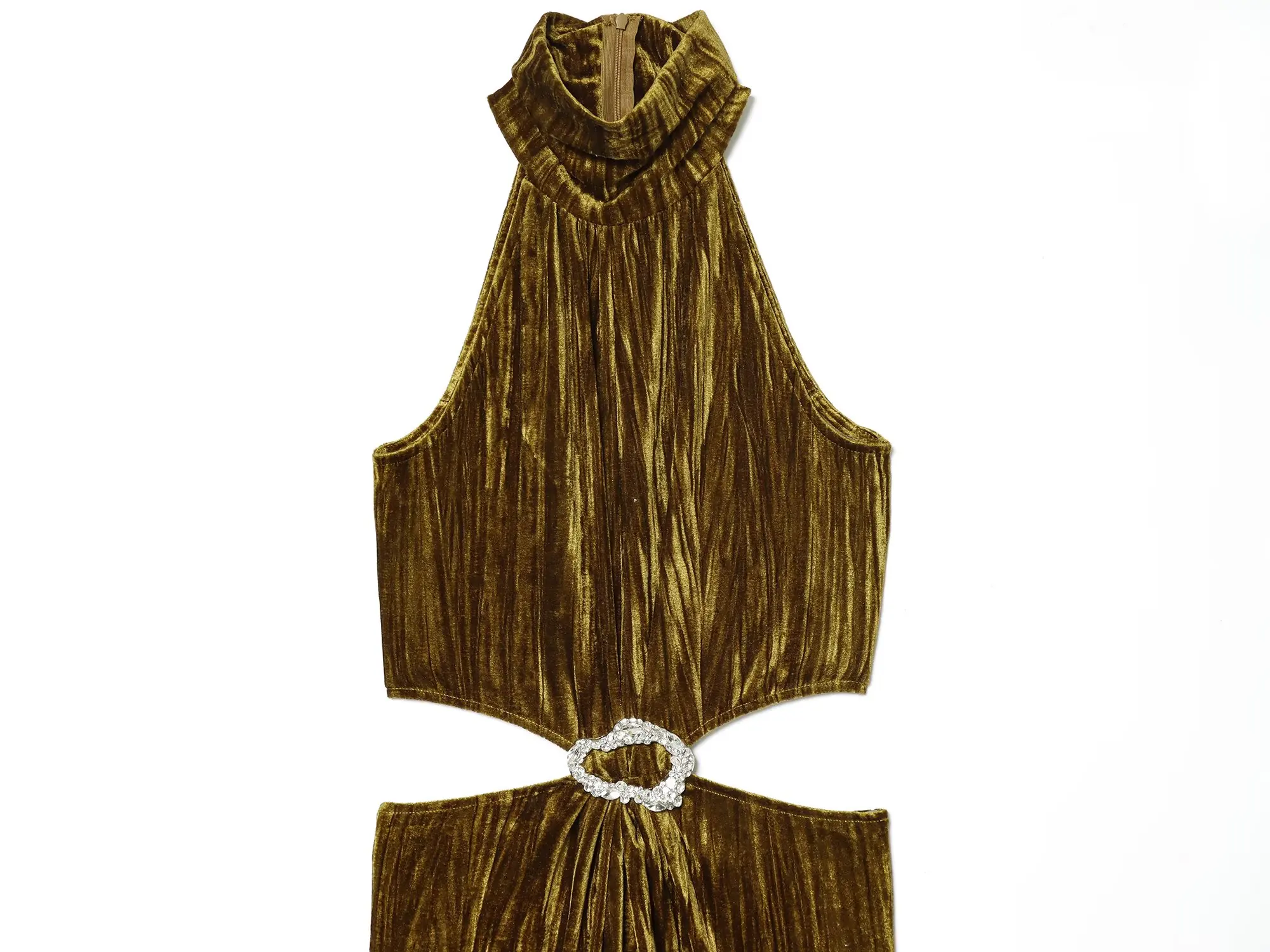 New Women Gold Crushed Velvet Halter Maxi Dress Crystal Accent Cutout Waist Sexy Party Dresses