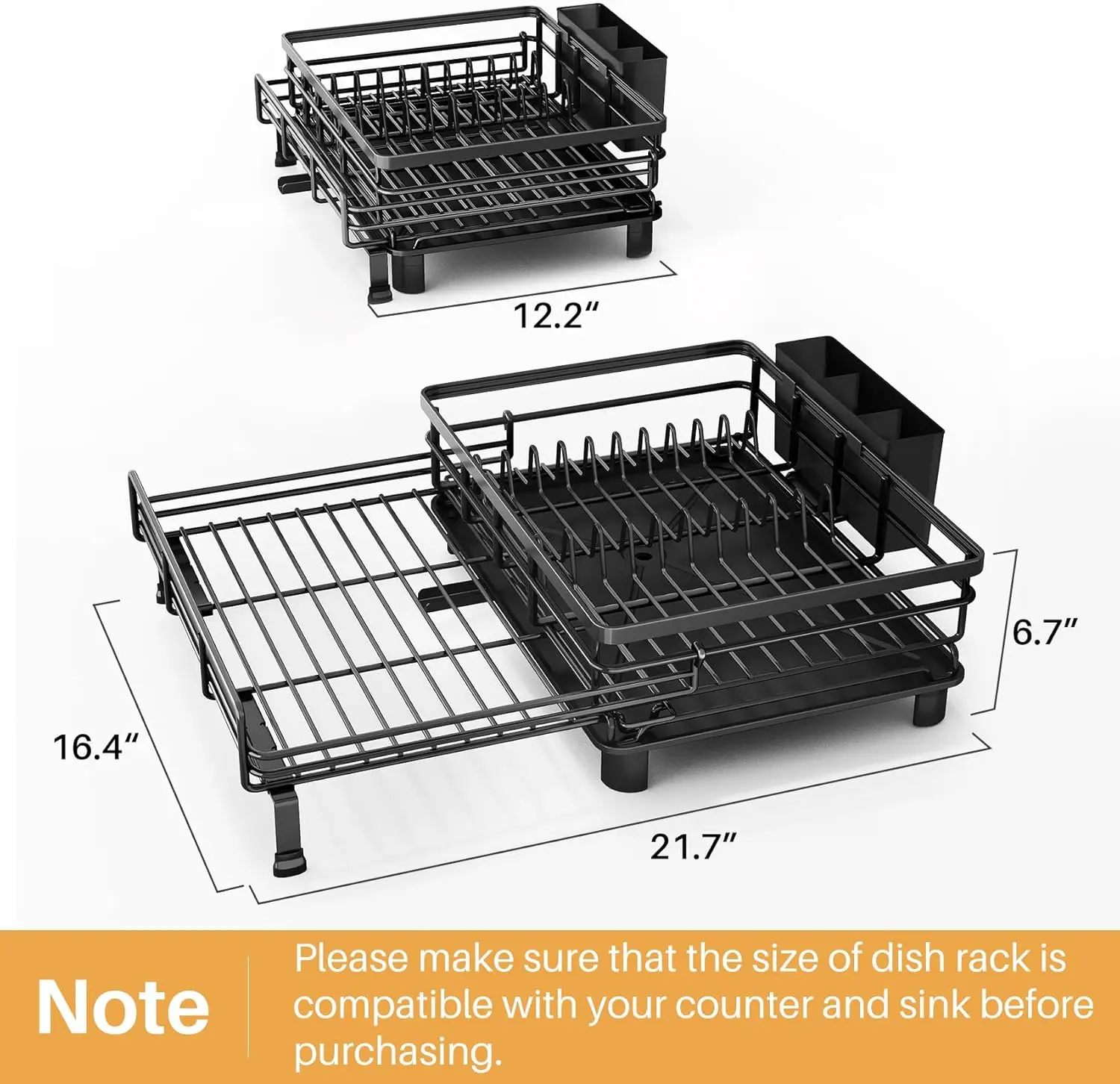Extendable Dish Drying Rack with Utensil Holder, Large Stainless Steel Sink Drainer for Kitchen Counter in Black