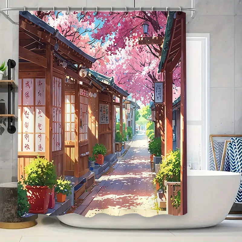 Japanese Style Cherry Blossom Alley Shower Curtain idyllic countryside home decor waterproof mildew-proof durable shower curtain