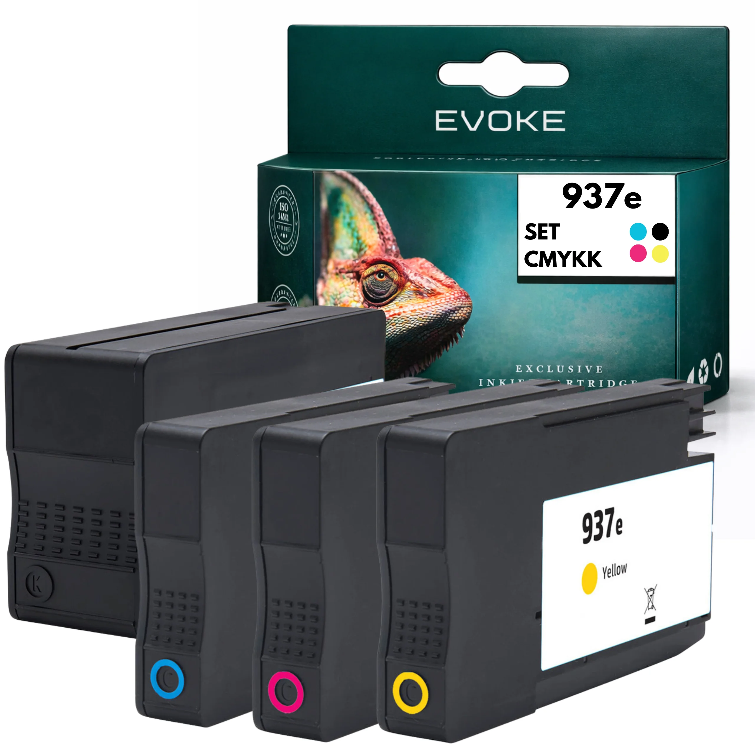 Evoke Compatibele Inkt voor Hp 937E Evomore Hp937E 4X Cmyk: Zwart, Cyaan, Magenta, Geel 128 ml 7450 Pagina's Officejet Pro 9110B 9120B 9122E 9125E 9128E 9130B 9130 9132E 9135E 9720E 9730E