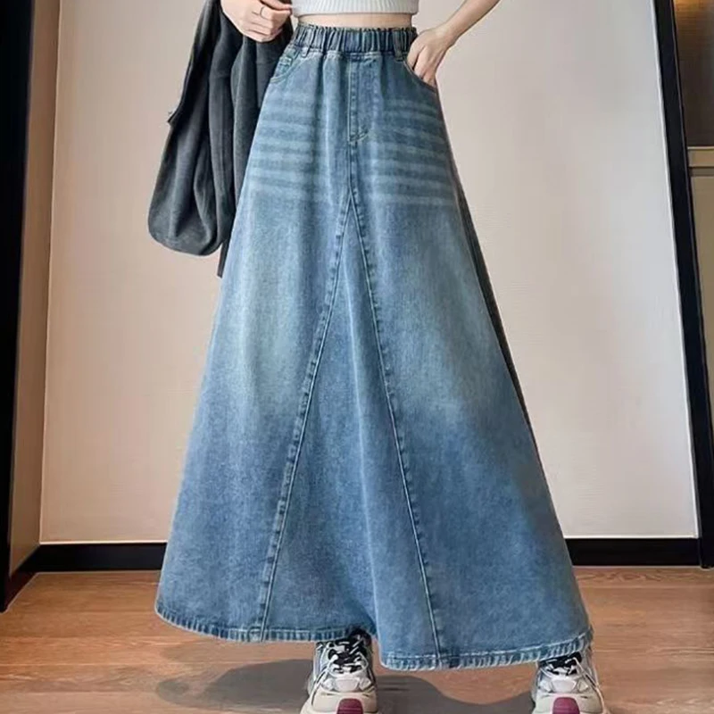 Women Skirt Korean Style High Waist Elastic Washed Denim Maxi Skirt A-Line Flared Long Jean Skirt Pockets Casual Y2K Streetwear view 4