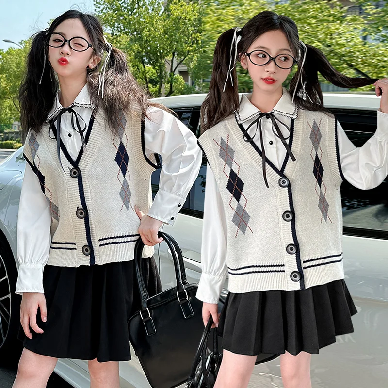 

School Style Girls Clothes Set Spring Autumn V Neck Diamond Kids Sweater Double Collar White Shirt Thick Wool Dress TR348