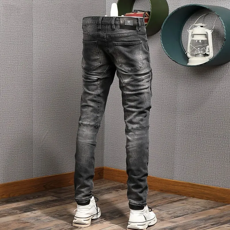 High Street Fashion Men Jeans Retro Black Gray Stretch Slim Fit Spliced Biker Jeans Homme Hip Hop Patched Designer Denim Pants