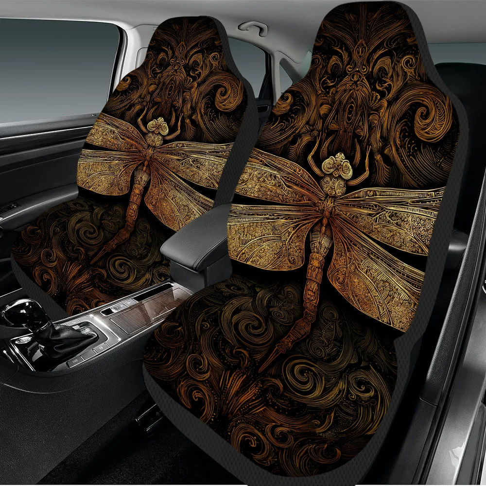2pcs Intricate Golden Dragonfly Design Car Seat Cover Set – Fit For Most Cars, High-Quality And Stylish Seat Protectors For 2 F