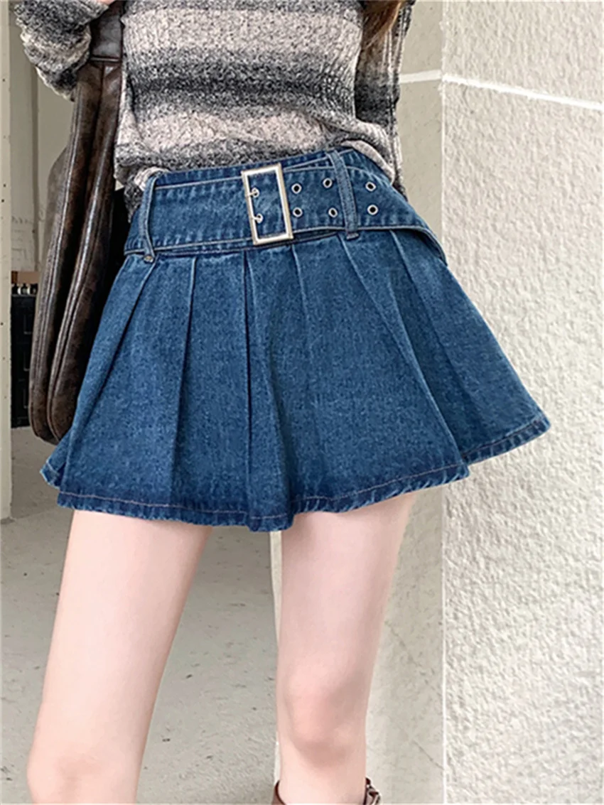 

PLAMTEE A-Line Pleated Mini Skirts Women With Belt Vintage Hot Girls Summer 2024 Bodycon Slim Party All Match Office Lady