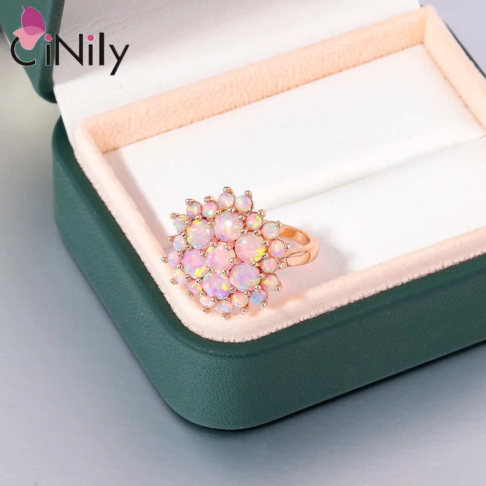 CiNily Pink Round Fire Opal Stone Rings Rose Gold Plated Flowers Bloom Plant Big Ring For Women Girls Wedding Fashion Jewelrys