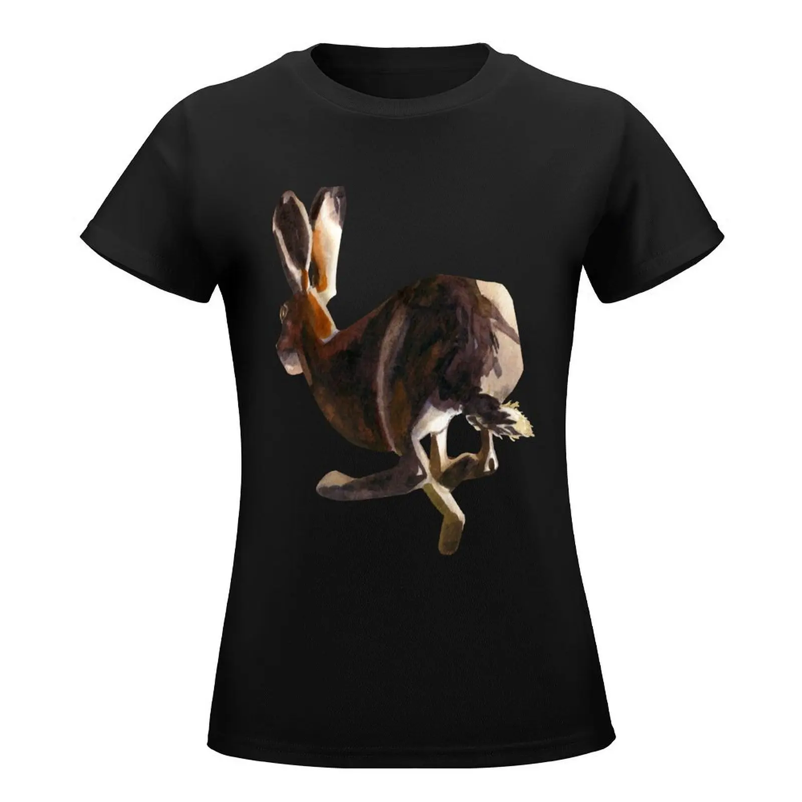 scared running Irish hare painted with watercolor -Watercolor Wildlife art - long ears T-Shirt korean fashion Women's clothing