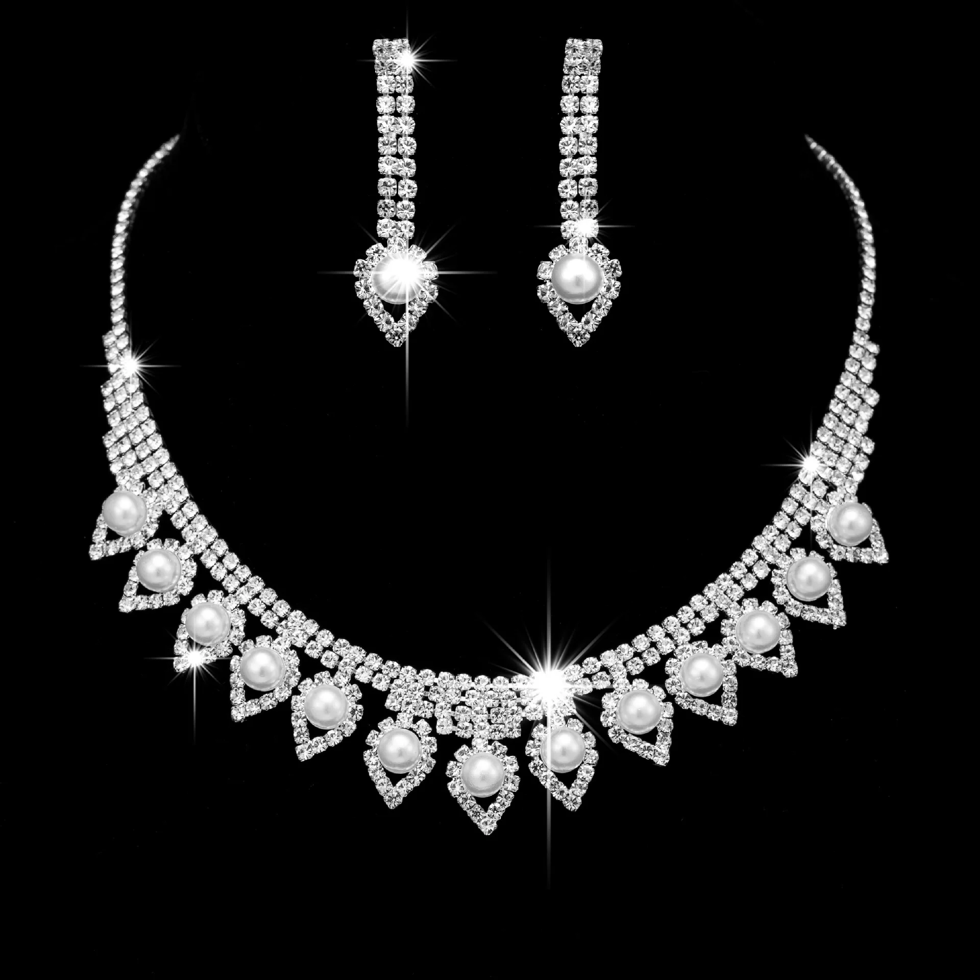 New Ladies Fashion Silver Pearl Necklace Earrings Bridal Wedding Dress Accessories Rhinestone Necklace Set Party Favors