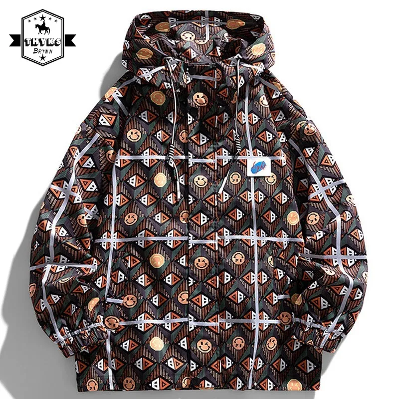 

Mens Hooded Outdoor Jacket Autumn Cartoon Full Print Casual Retro Windbreaker High Street Korean Fashion Bomber Jacket Parkas