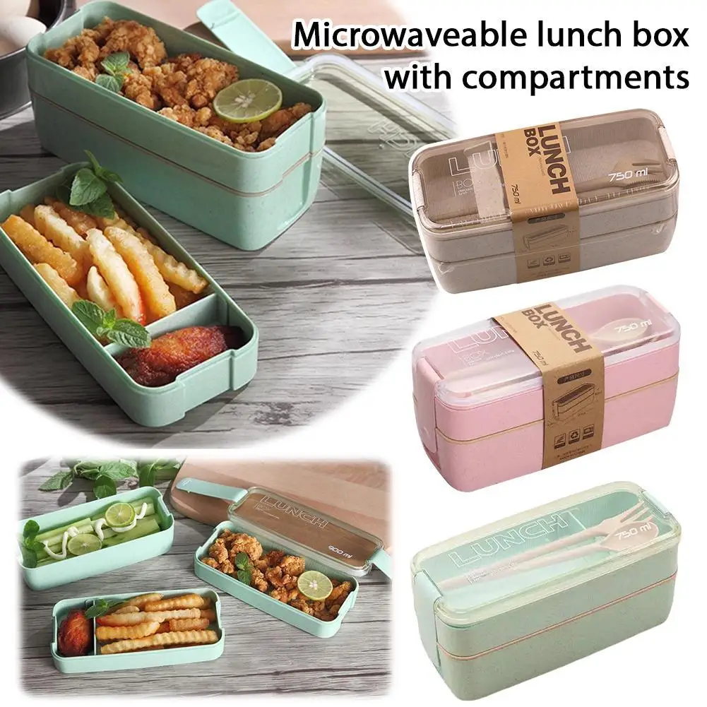 

Ланч-бокс из пшеничной соломы, штабелируемая коробка для бенто, контейнер для хранения еды в микроволновой печи с ложкой-вилкой для студенческой работы, 2 слоя