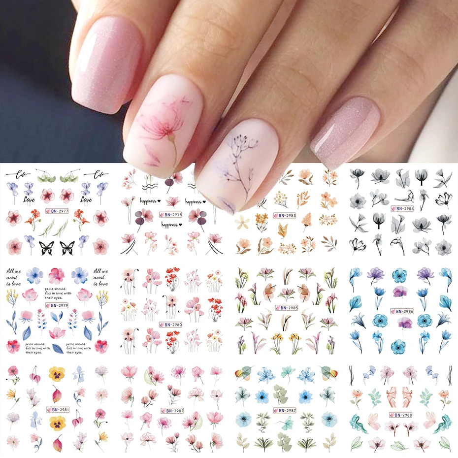 12pc Spring Flowers Nail Sticker Ink Blooming Floral Design Simple Flower Leaves Water Decals Watercolor Sliders for Nails Decor