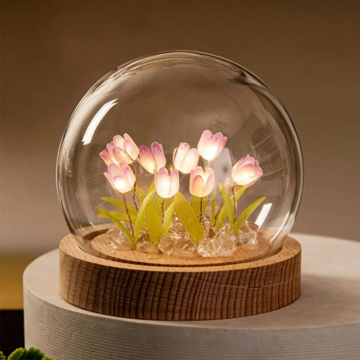 Tulip Flower Night Light With Glass Cover Handmade DIY Bedside Light LED Night Lamp Table Desk Lamp Bedroom Decor USB Mood Light