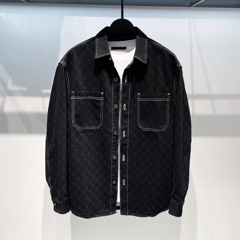 

Fashionable Long Sleeve Letter Print Shirt Stylish Geometric Pattern Youthful Spring Apparel for Men Trendy Workwear Jacket