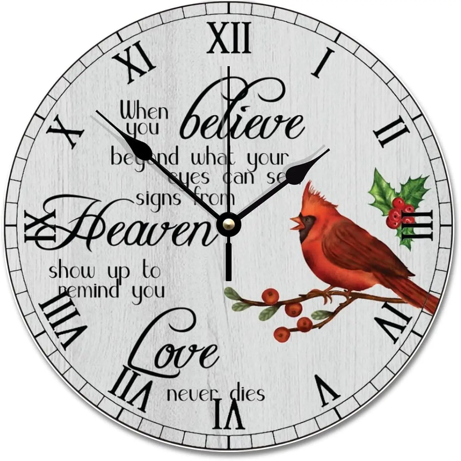 Red Birds Wall Clock Cardinal Christmas Round Decorative Clocks Battery Operated 12 Inch Quiet Non-Ticking