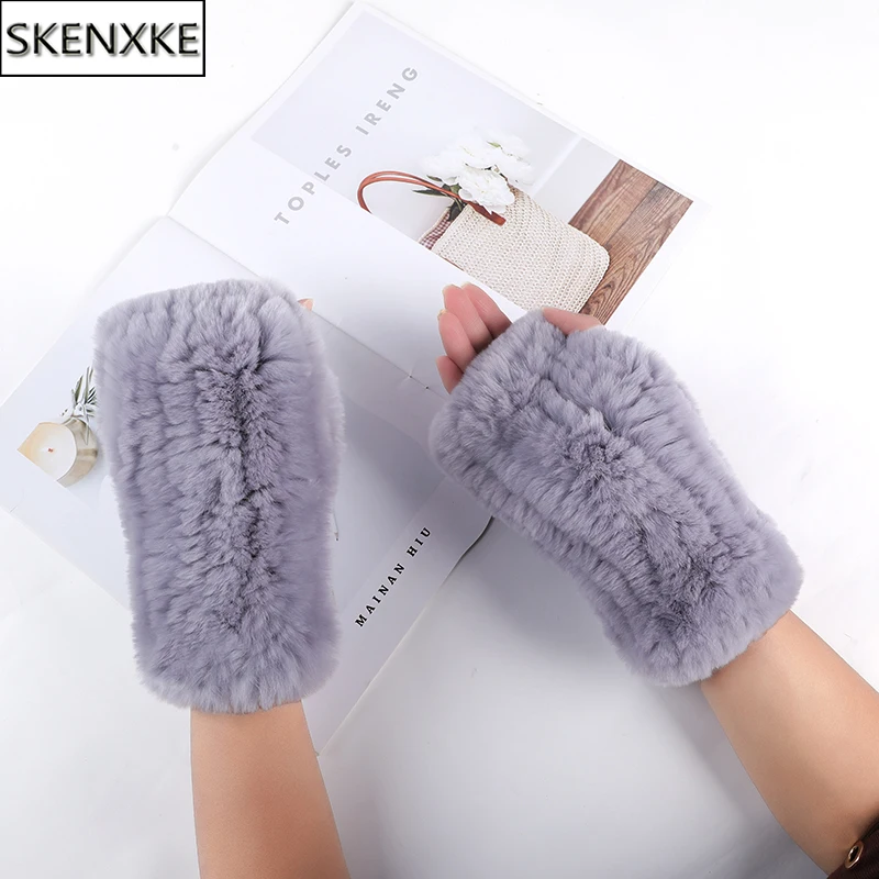 New Women 100% Real Genuine Knitted Rex Rabbit Fur Mittens Winter Warm Lady Real Fur Fingerless Gloves Handmade Knit Fur Mittens