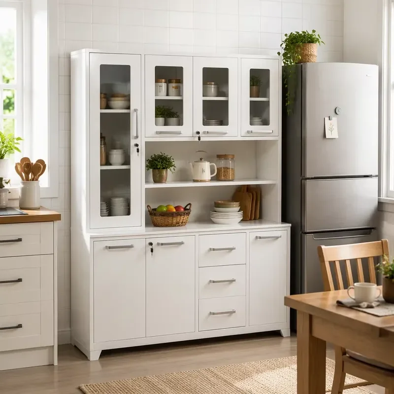 Modern Steel Kitchen Locker Independent Side Cabinet with Glass Door Drawer Large Capacity Pulley Multifunctional