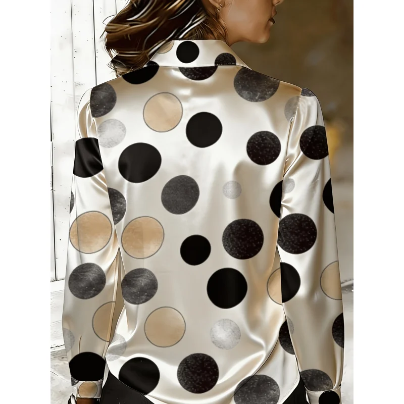 20256 Women's Elegant Irregular Polka Dot Digital Print Silky Satin Shirt, Collared Long-Sleeve Single-Breasted Shirt