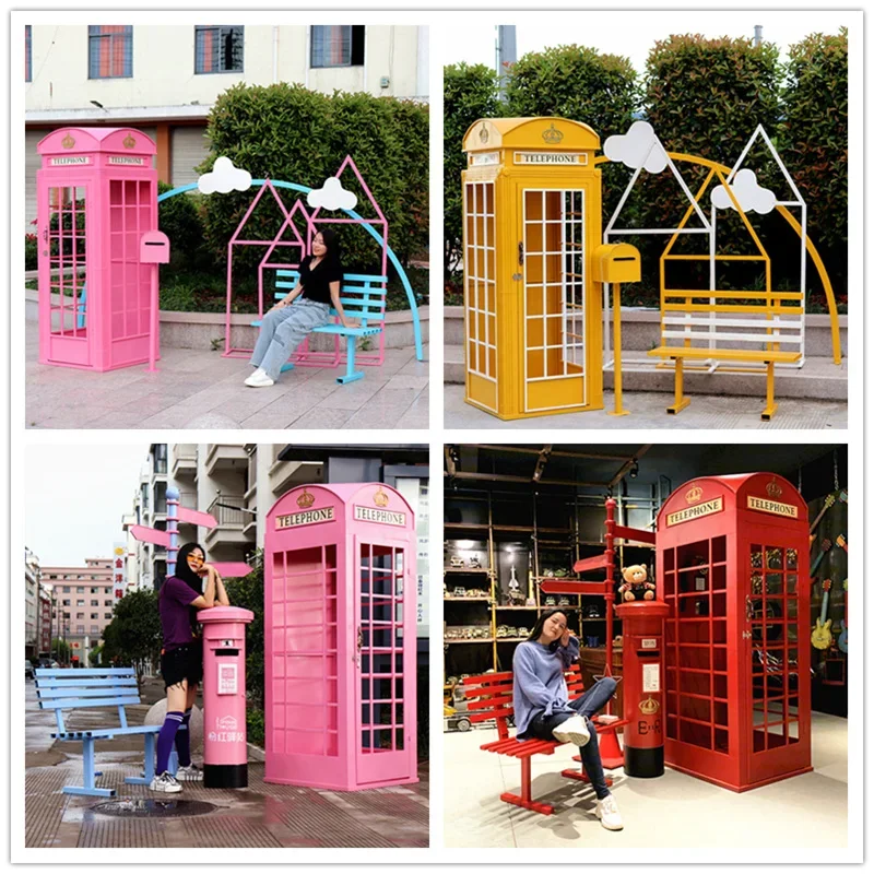 Iron art pink Telephone booth lockers, post boxes, retro road signs large shooting props, online store decoration