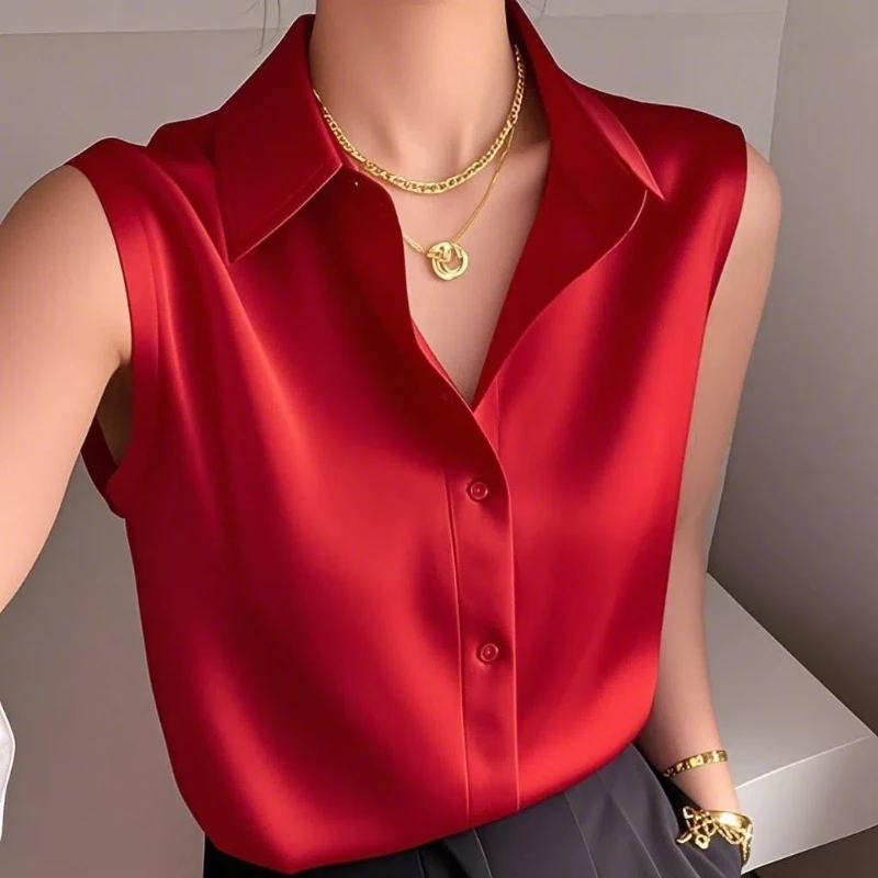 

Elegant Lapel Solid Color Satin Shirt 2025 Summer New Casual Tops All-match Office Lady Blouse